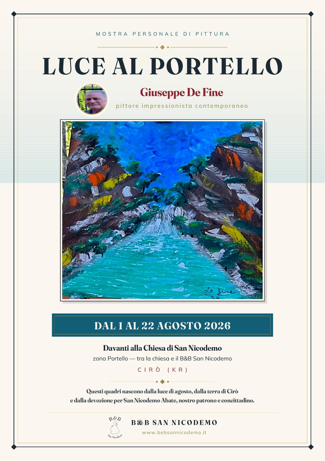 Luce al Portello - Mostra permanente 2-22 agosto 2026 - Artista G. De Fine